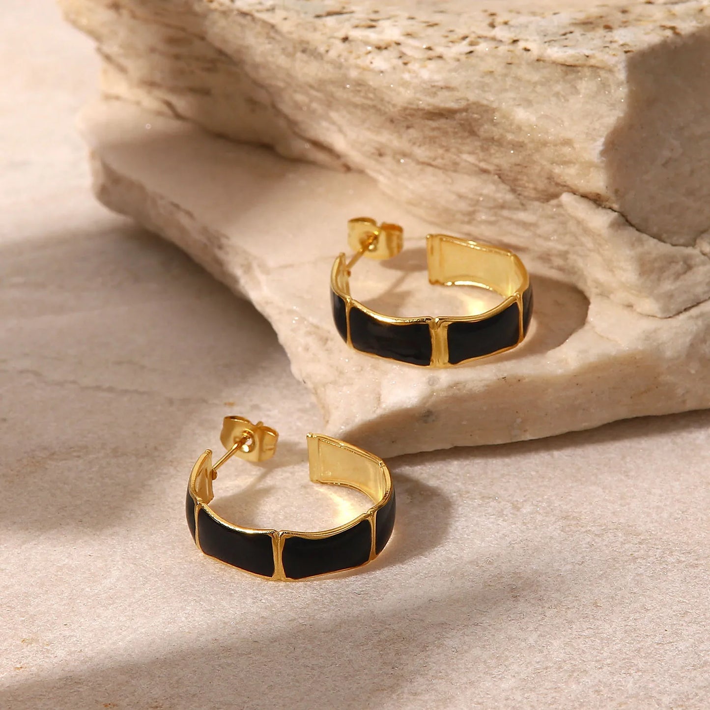 Black Enamel Earrings 18K Gold Plated for Women on the rock