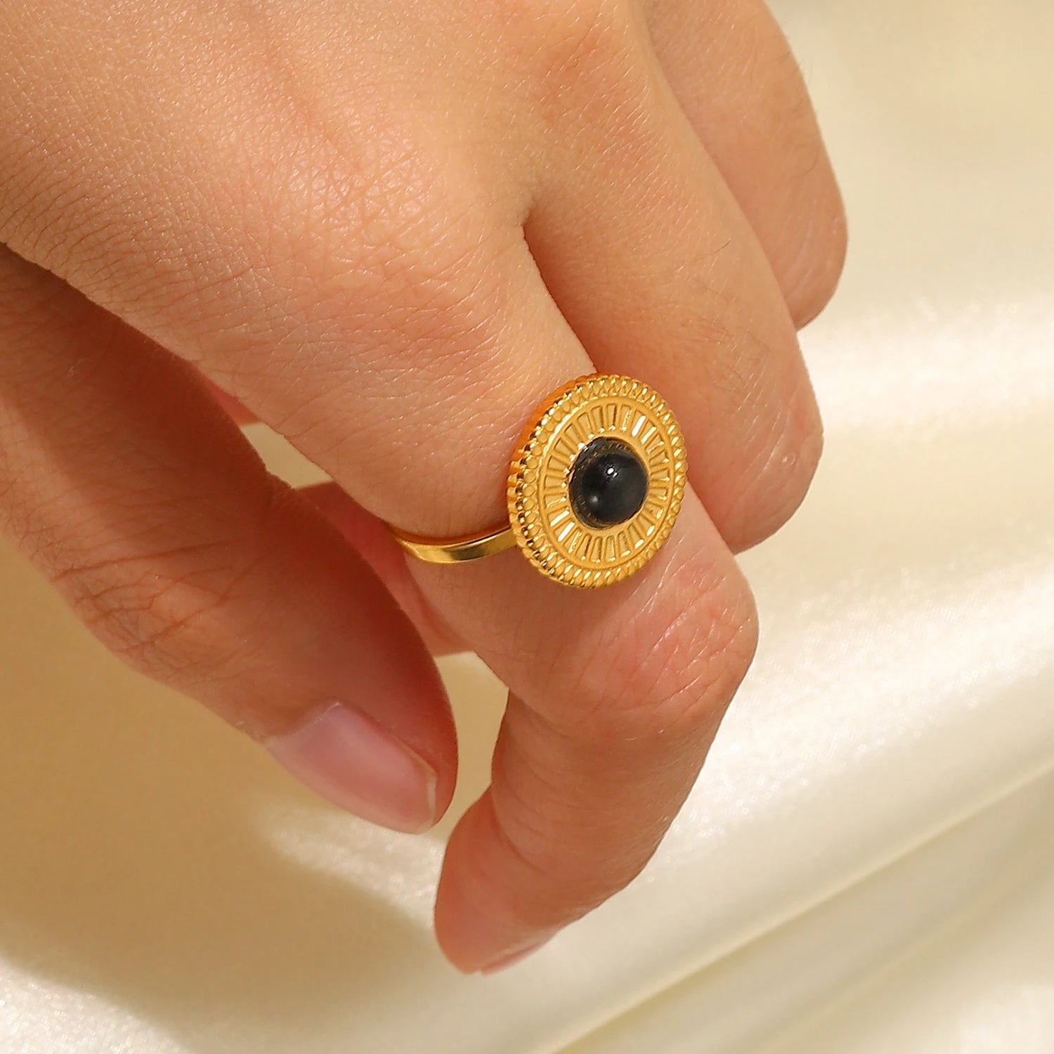 Black Stone Ring 18K Gold Plated for Women on the finger