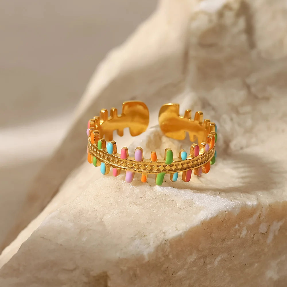 Colorful Enamel Rings 18K Gold Plated for Women