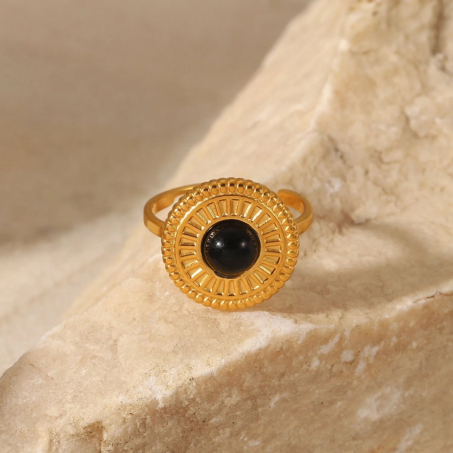 Black Stone Ring 18K Gold Plated for Women Closer