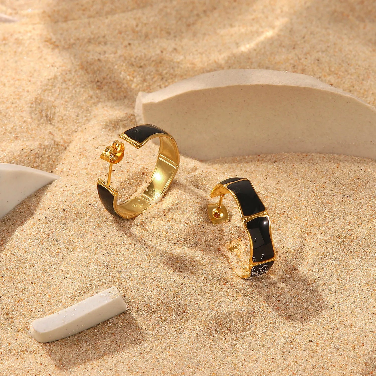 Black Enamel Earrings 18K Gold Plated for Women on sand