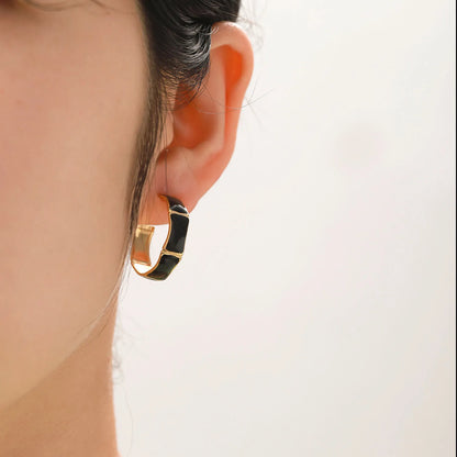 Black Enamel Earrings 18K Gold Plated for Women on Model