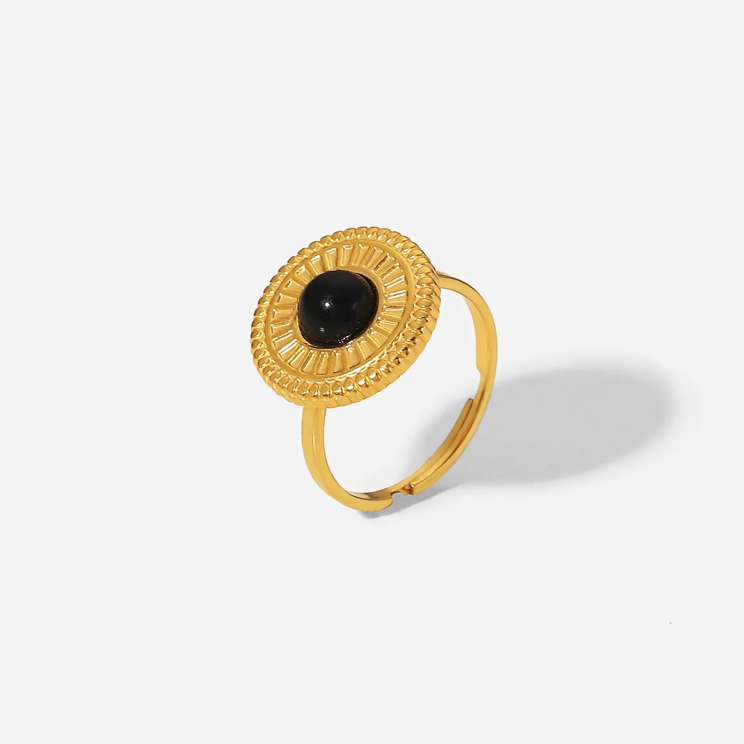 Black Stone Ring 18K Gold Plated for Women White Background
