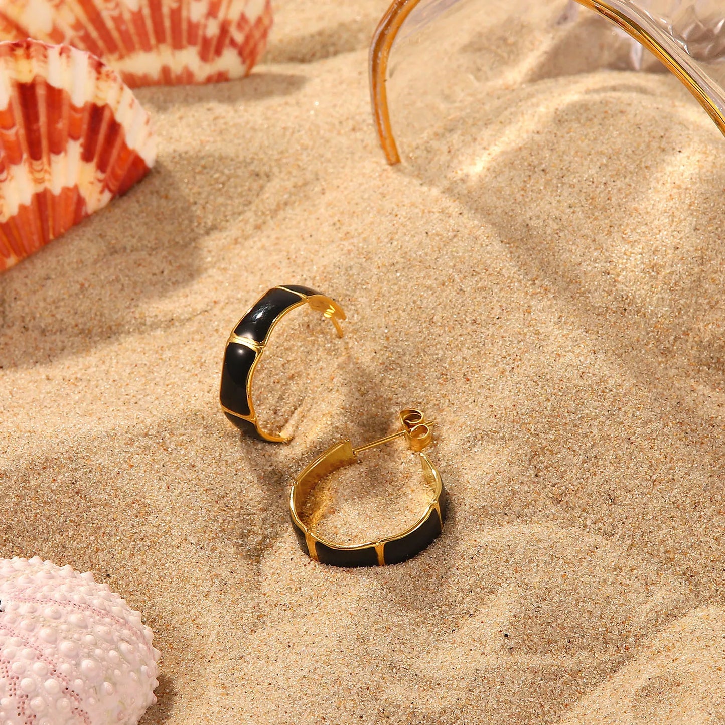 Black Enamel Earrings 18K Gold Plated for Women sand other